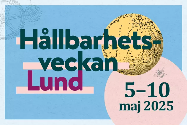 I grön och lila text står det Hållbarhetsveckan, Lund, 5-10 maj, 2025. Grafisk illustration.