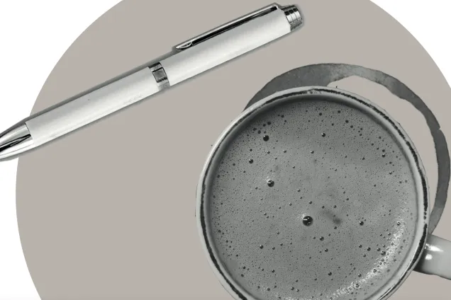 Kollage gjort av kaffekopp och en penna. Illustration.